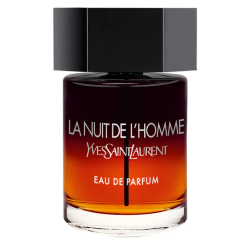 yves saint laurent la nuit de l’homme l’intense perfume in a black and red gradient bottle