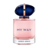 giorgio armani my way perfume in a blush pink glass bottle with a navy blue gemstone cap