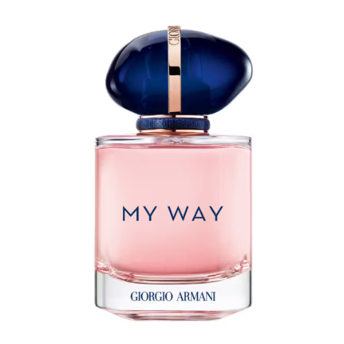 giorgio armani my way perfume in a blush pink glass bottle with a navy blue gemstone cap