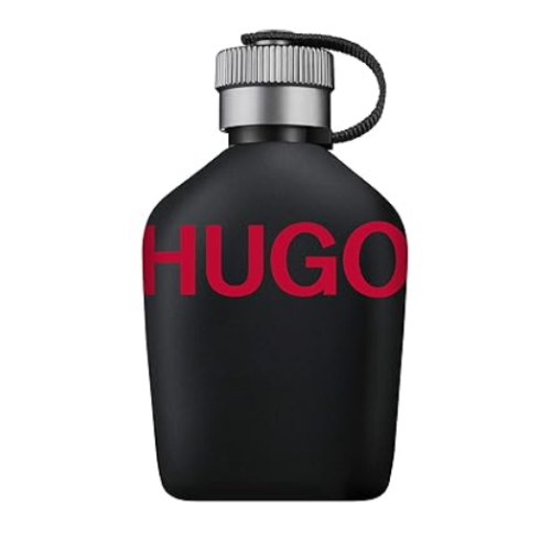 hugo boss hugo just different eau de toilette in a matte black bottle with bold red lettering