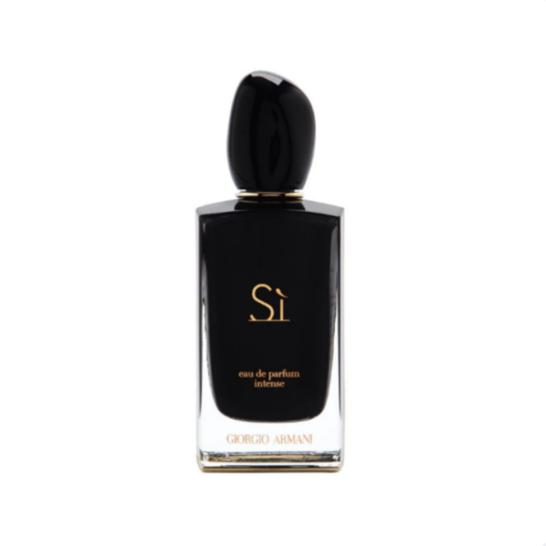 giorgio armani sì eau de perfum intense in black with a nude pink box