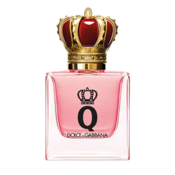 dolce & gabbana q eau de perfume in a pink bottle with a gold crown cap