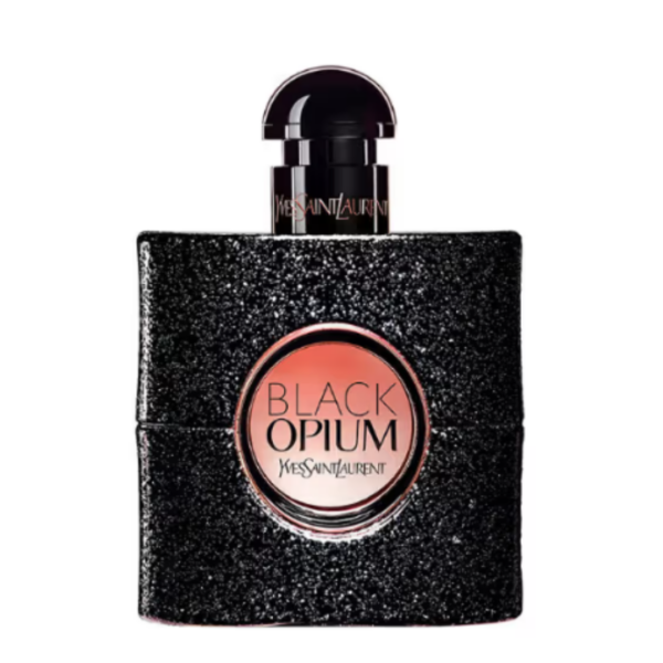 yves saint laurent black opium eau de perfume in a black glitter finish bottle with rose gold accents
