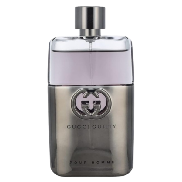 gucci guilty silver toned eau de toilette bottle with a clear glass upper