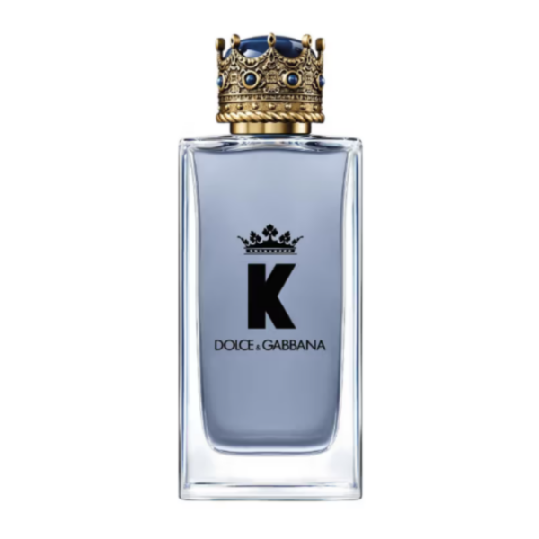 dolce & gabbana k clear glass perfume bottle with light blue fragrance and gold crown cap