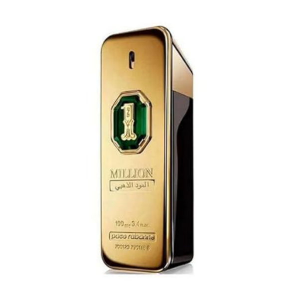 paco rabanne gold tone perfume bottle with green emblem detailing