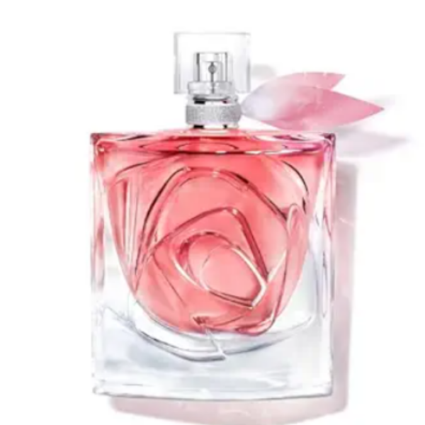 lancôme pink glass perfume bottle with silver tone cap and pink ribbon detail
