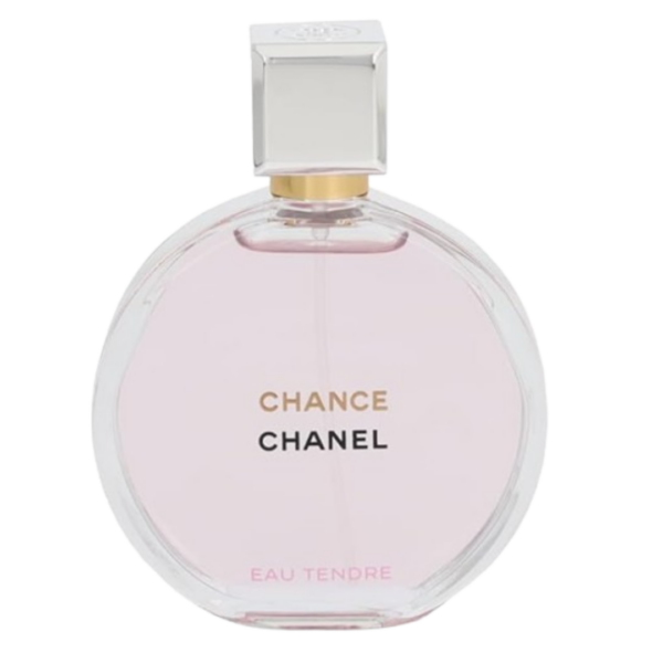 chanel chance eau tendre perfume in soft pink glass bottle with matching pink box