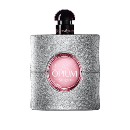 yves saint laurent black opium eau de perfume with a silver glitter bottle and pink accents yves saint laurent black opium eau de perfume with a silver glitter bottle and pink accents