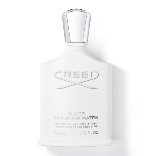 creed silver mountain water perfume bottle in matte white with a silver cap