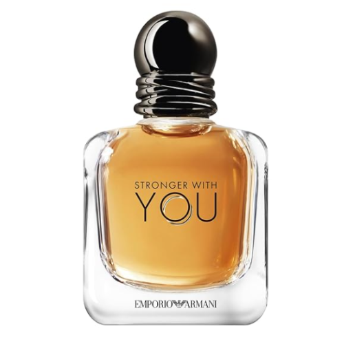 emporio armani stronger with you eau de toilette in a clear bottle with amber liquid