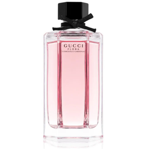 gucci flora soft pink glass perfume bottle with black bow detail