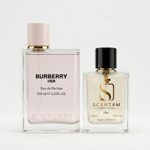 Home Two perfume bottles are shown. The left is labeled Burberry Her Eau de Parfum 100ml, and the right is Scentam Her Inspired by Burberry Her Long Lasting Perfume for Women 55ml. Both bottles are clear with light-colored liquid inside.